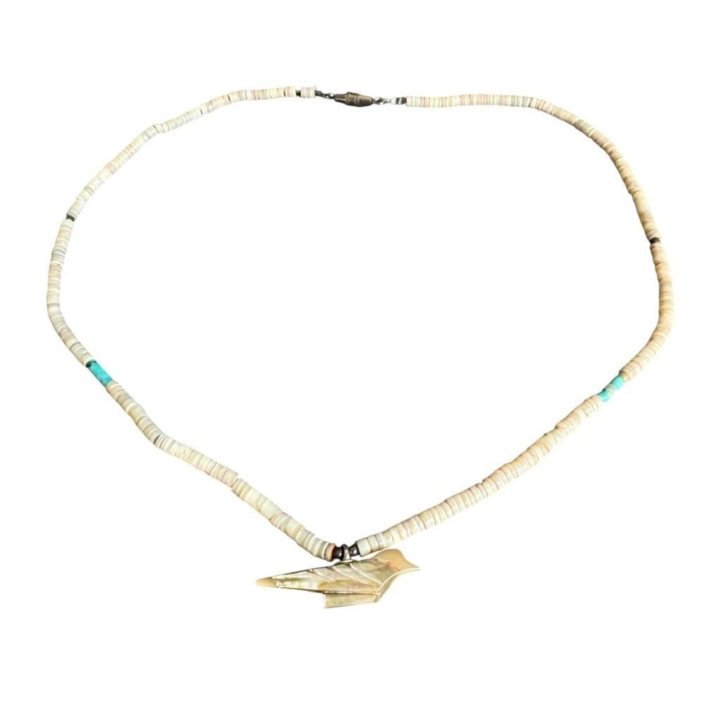 Vintage‎ Heishi Bead Fetish Necklace Mother Of Pearl Bird Pendant Dainty Choker